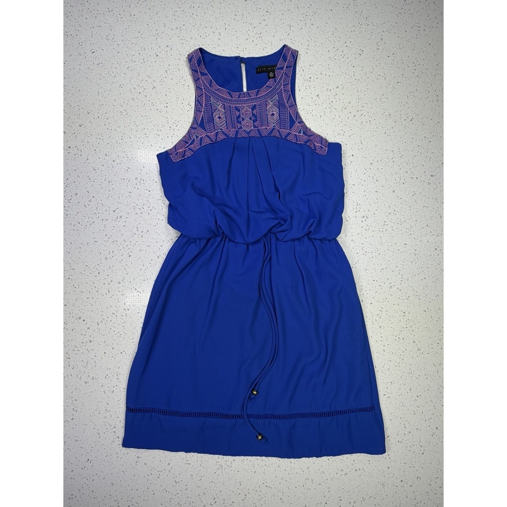 City Studio S Blue Pink Chiffon Embroidered Beaded A-Line Dress Sleeveless Short